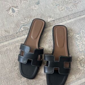 Black Leather Slide Sandals